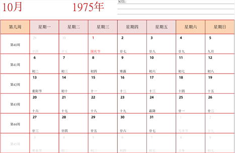 日历表1975年